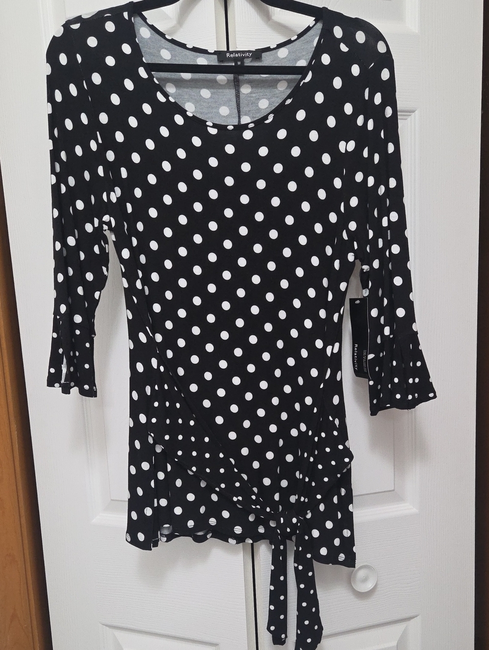 NWT Relativity Black and White Polka Dot Tie-Front Tunic M